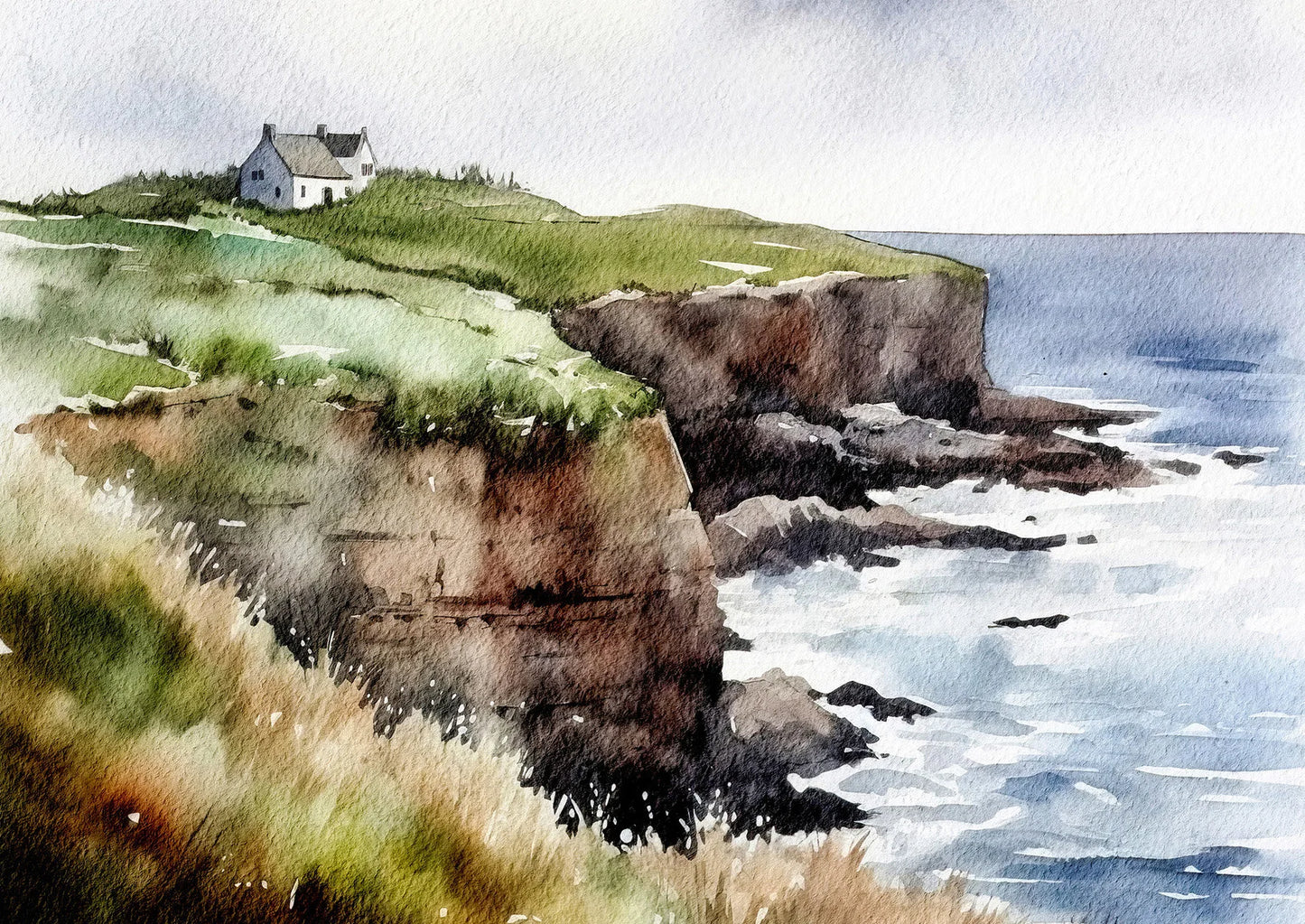 Watercolor painting of a coastal scene with cliffs and a house.