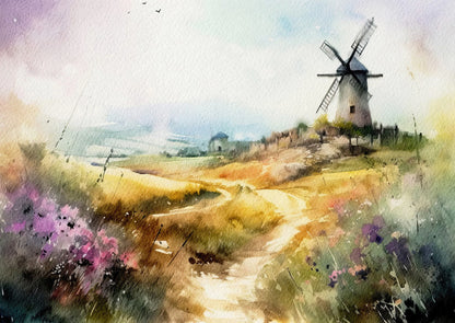 Painting of a windmill in a field with flowers and a path