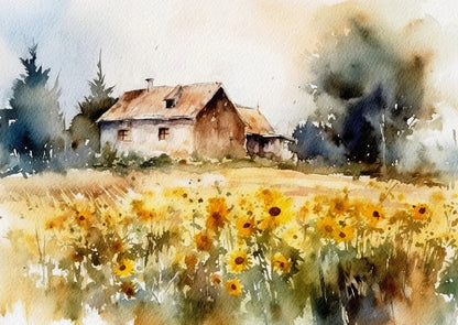Watercolor painting of a house with a field of sunflowers and trees.
