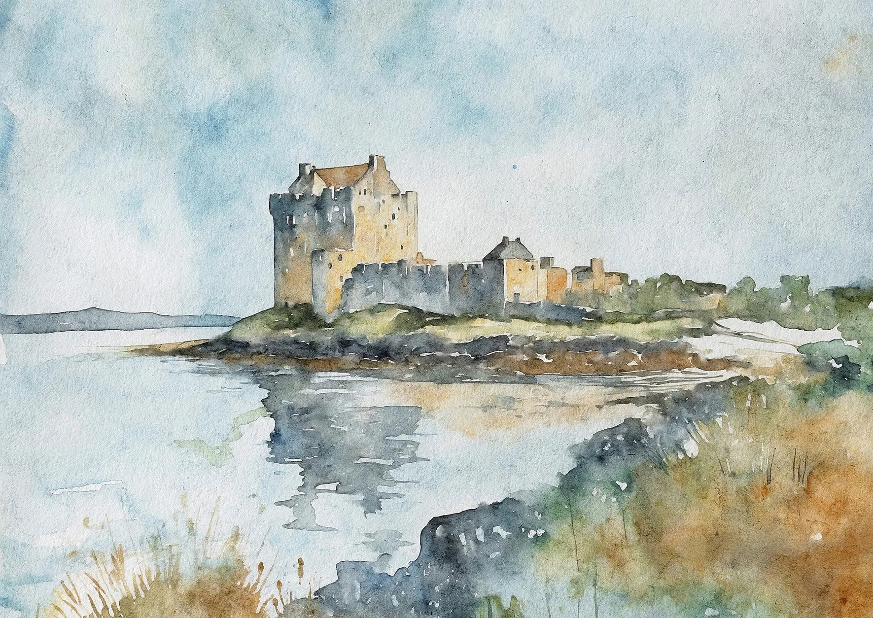 Watercolor painting of a castle on an island with a body of water in the foreground