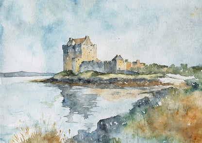 Watercolor painting of a castle on an island with a body of water in the foreground