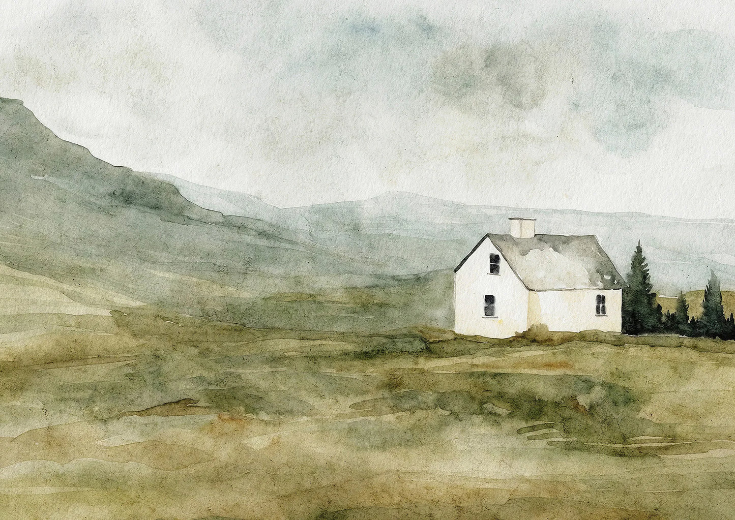Watercolor painting of a white house in a mountainous landscape