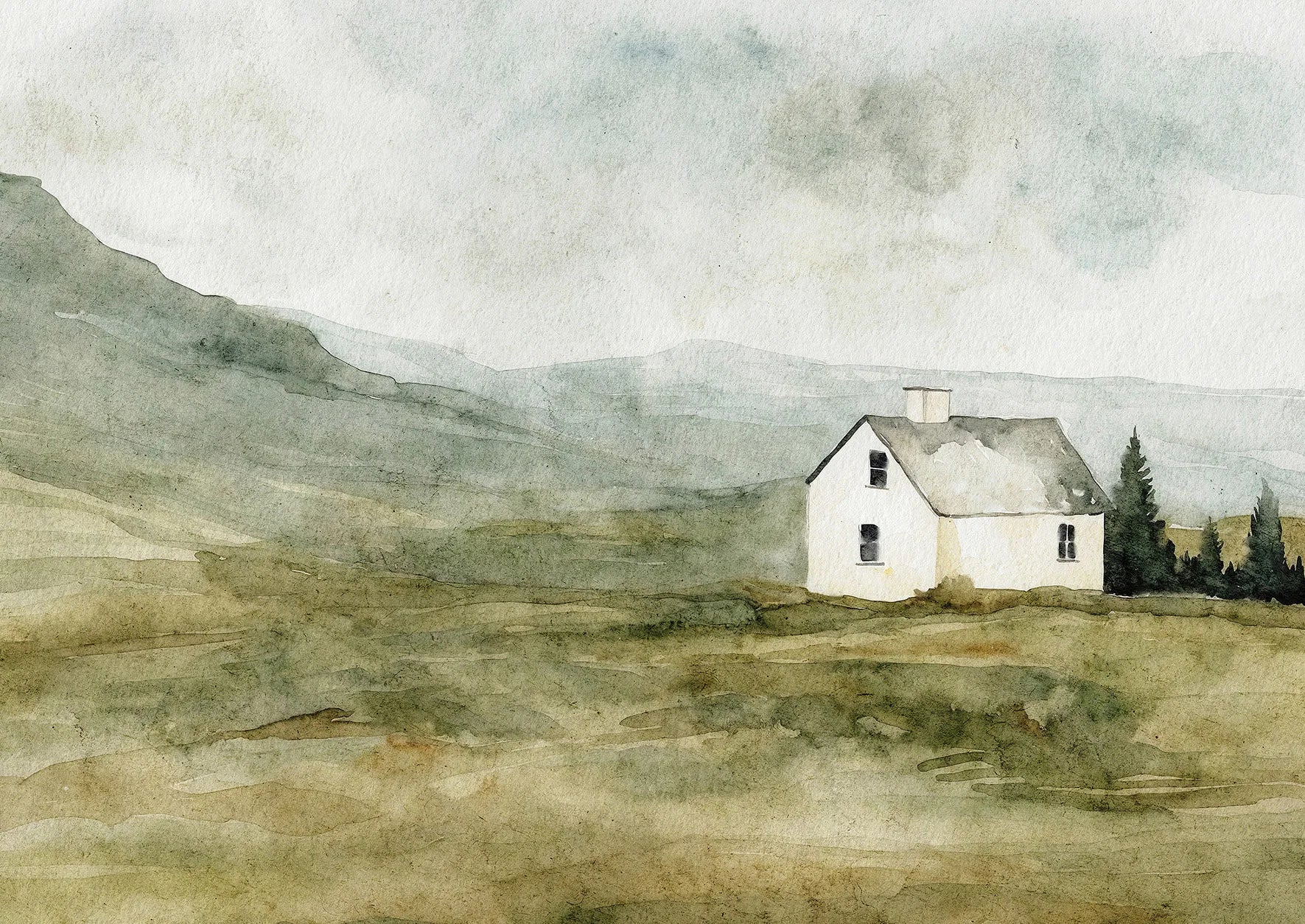Watercolor painting of a white house in a mountainous landscape