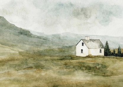 Watercolor painting of a white house in a mountainous landscape