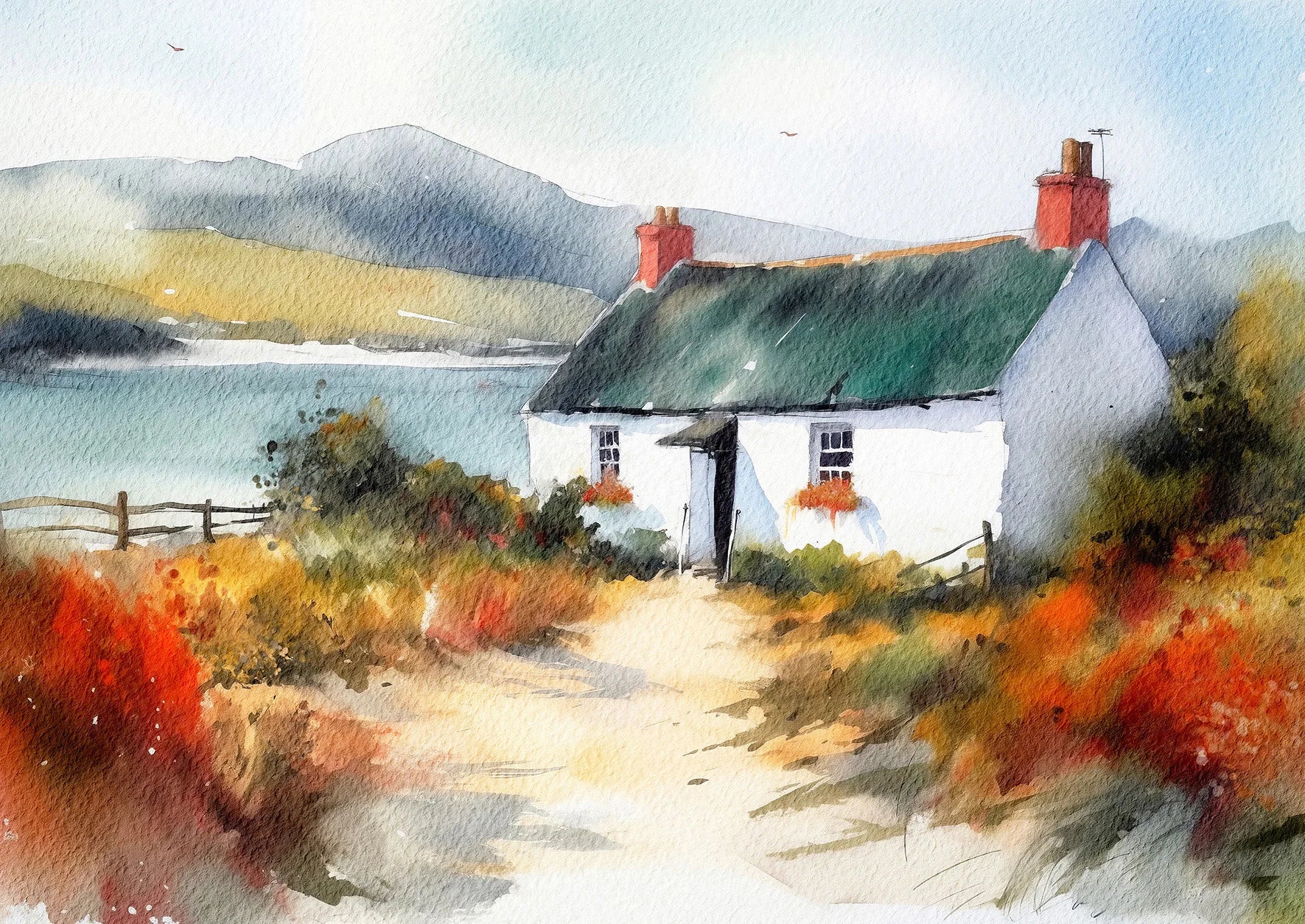 Watercolor painting of a cottage by a lake with mountains in the background