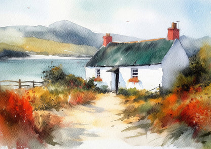 Watercolor painting of a cottage by a lake with mountains in the background