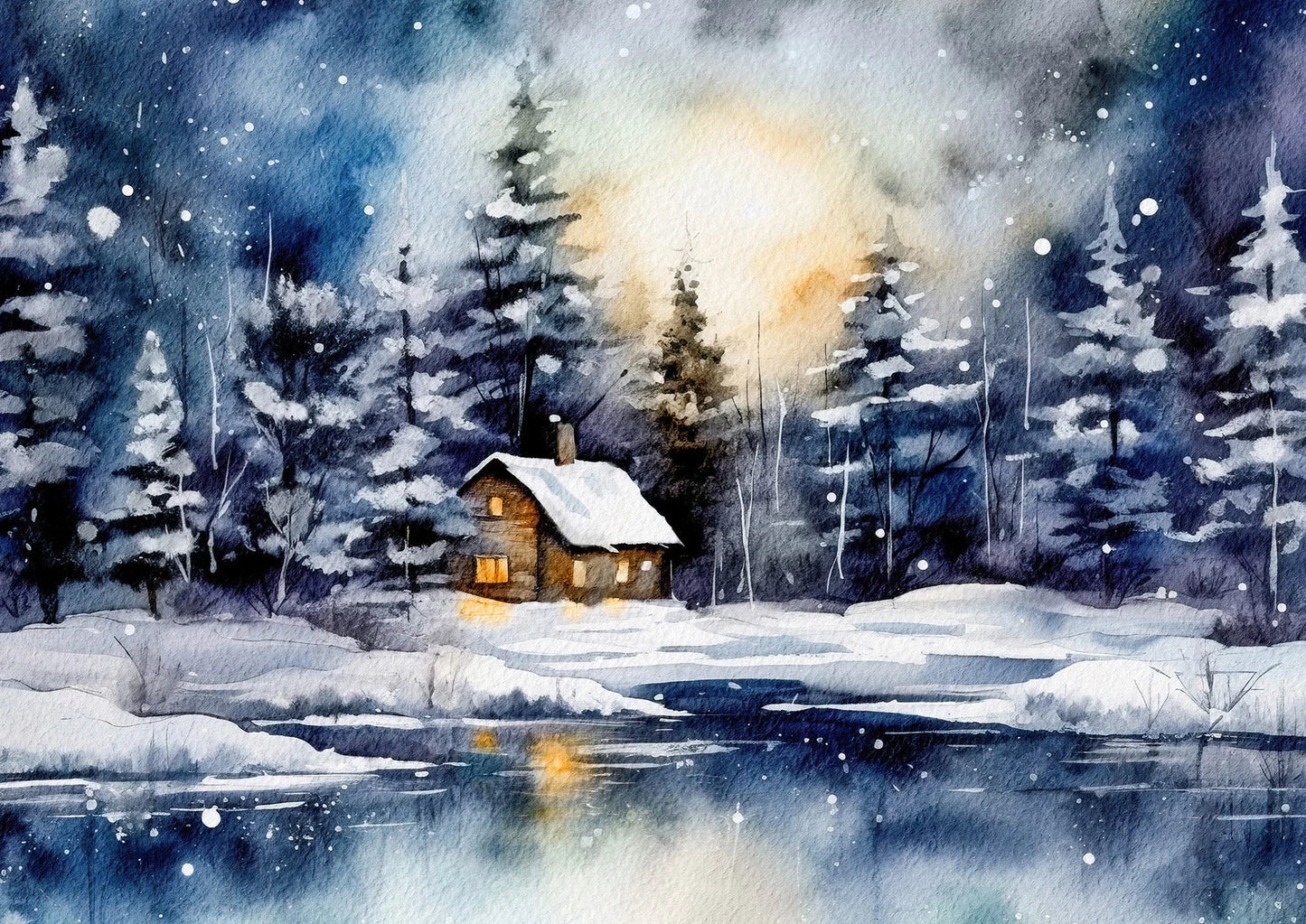 Winter scene with a cabin by a lake, surrounded by snow-covered trees under a starry sky.