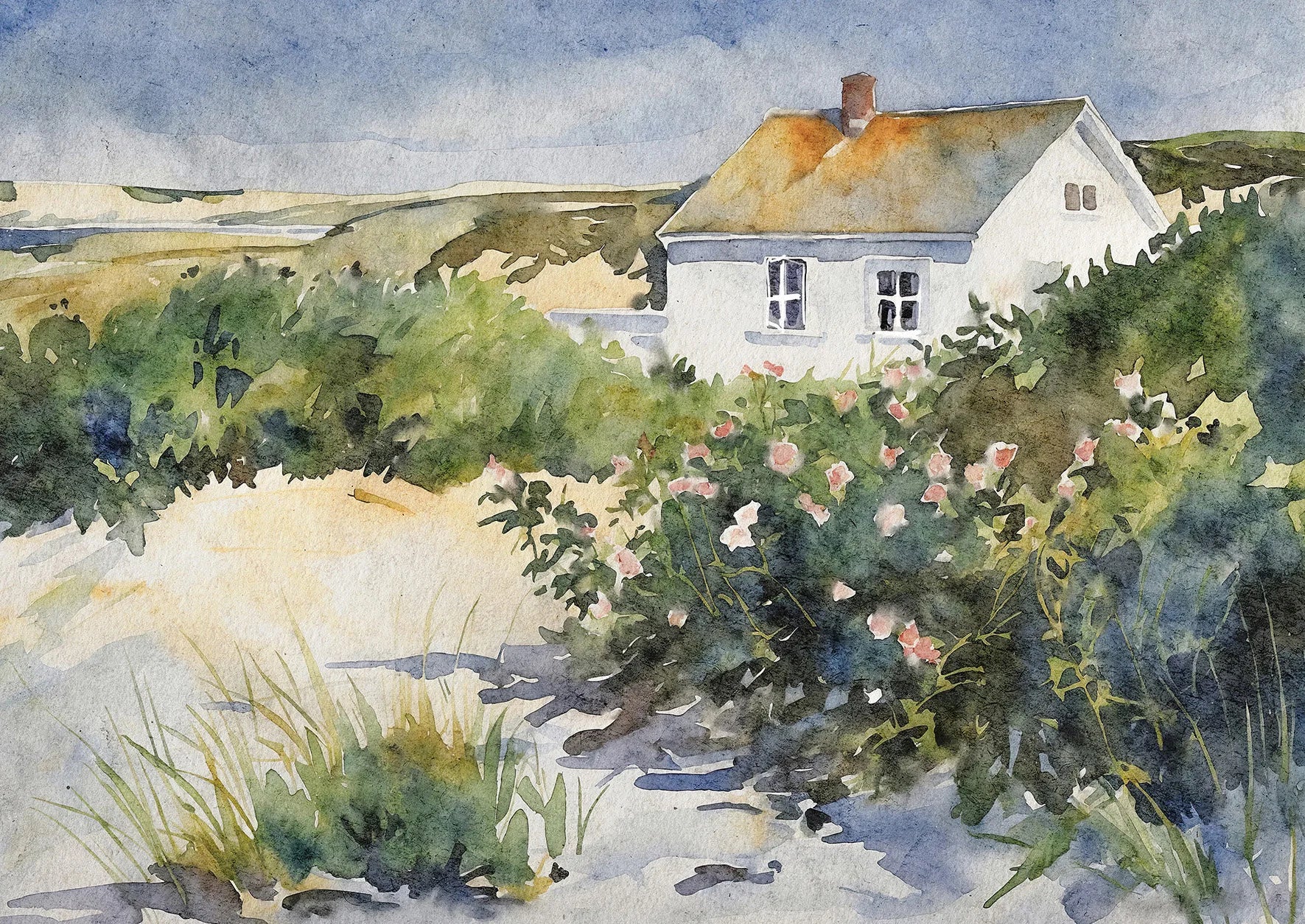 Watercolor painting of a house with garden and flowers