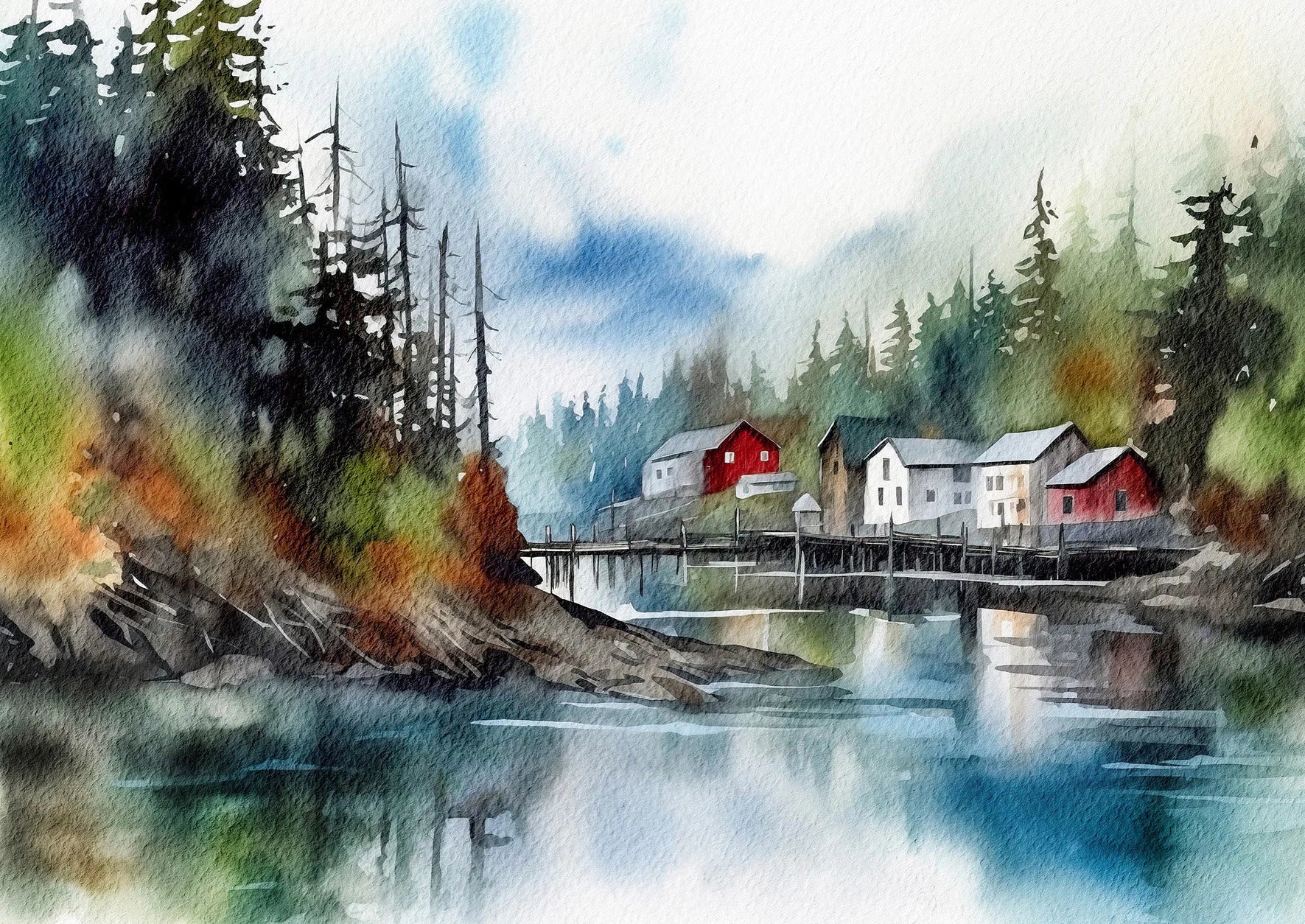 Watercolor painting of a small town by a lake with trees and mountains.