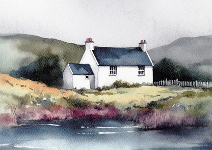 Watercolor painting of a white house with a blue roof in a scenic landscape.