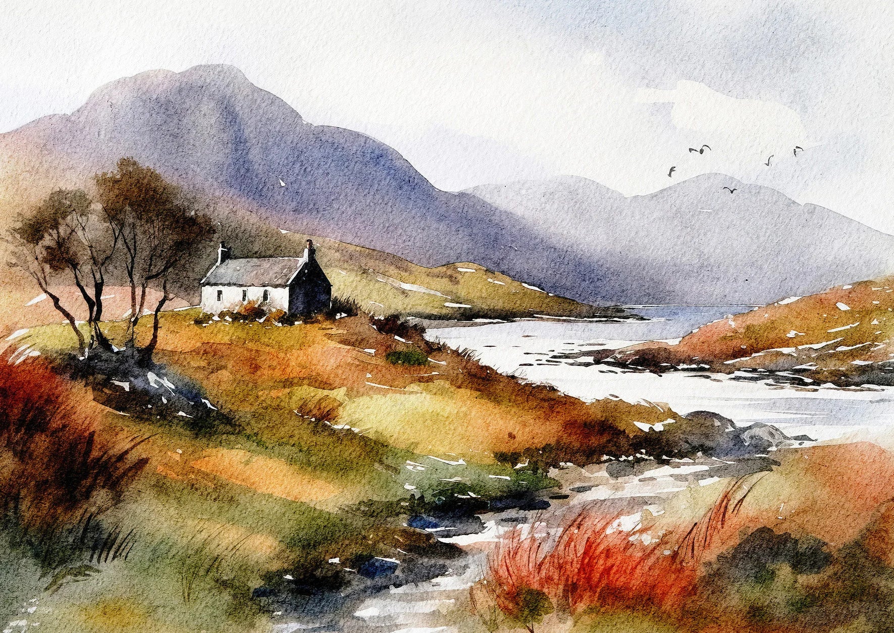 Watercolor painting of a scenic landscape with a house, mountains, and a lake.