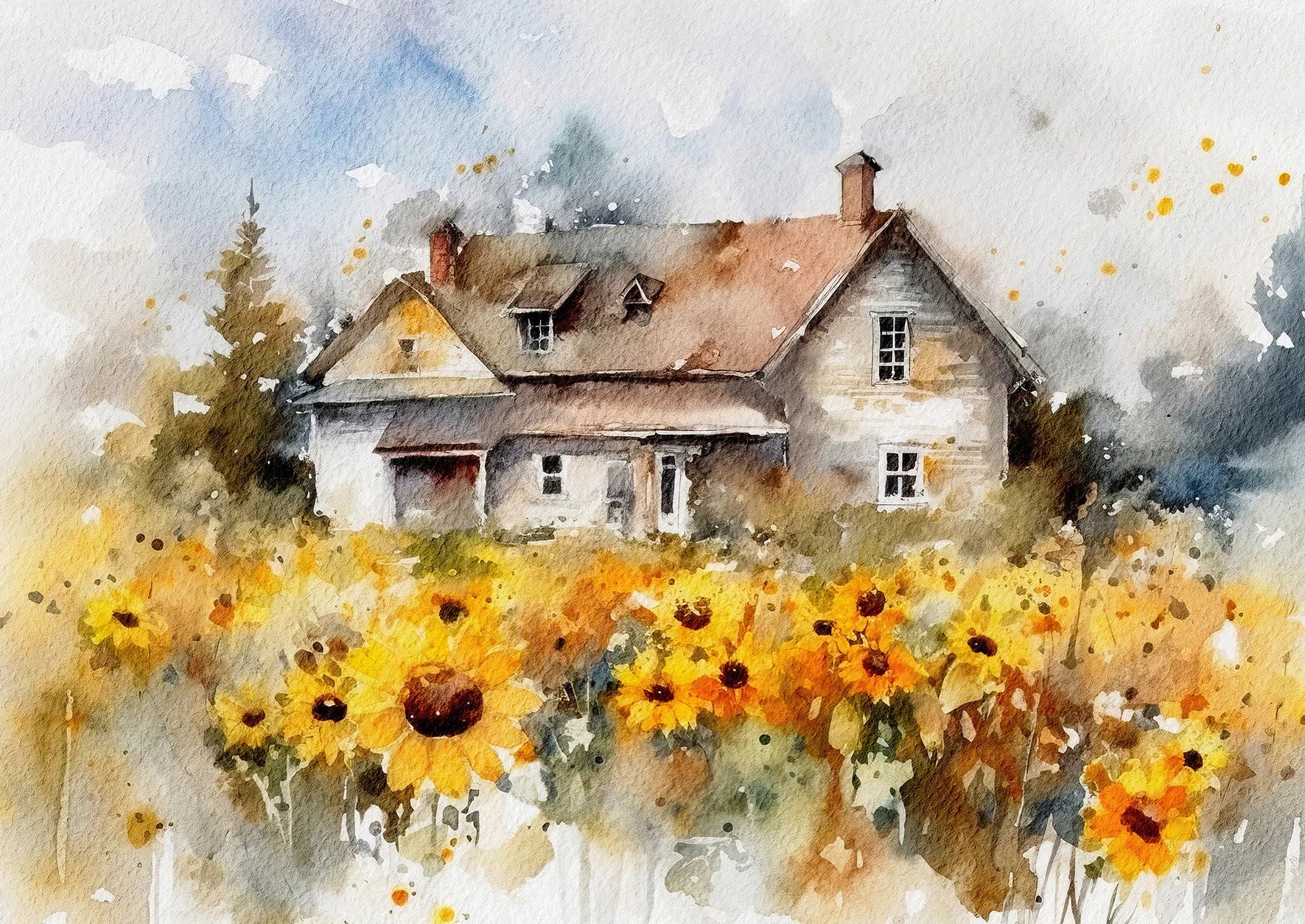 Watercolor painting of a house with sunflowers in the foreground