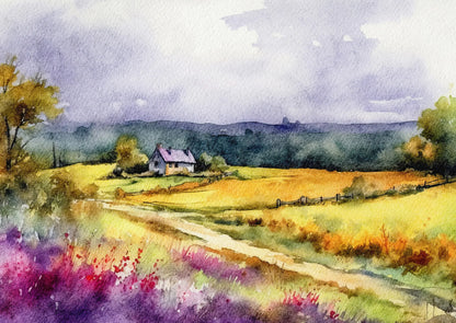 Watercolor painting of a countryside scene with a house, path, and fields.