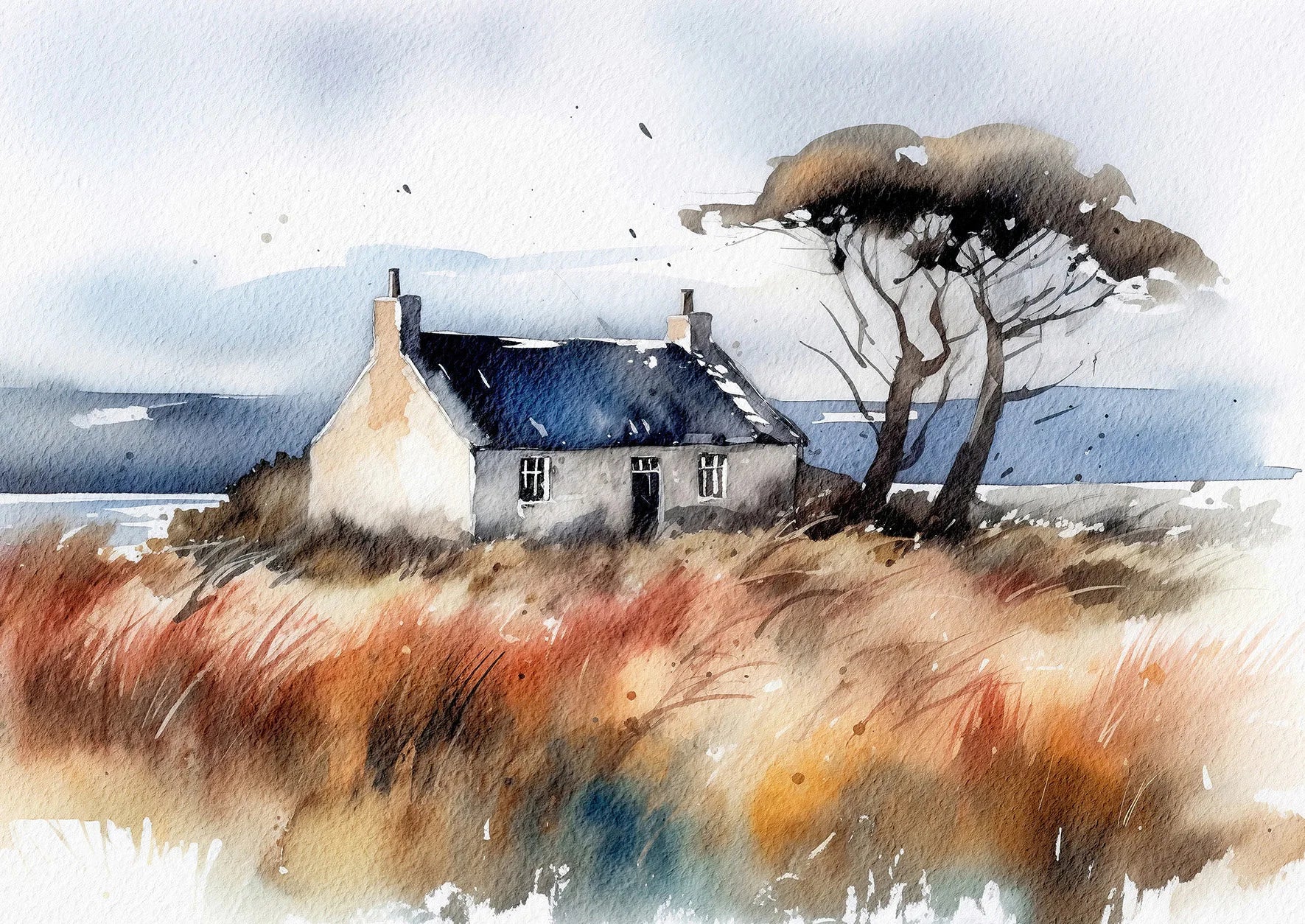 Watercolor painting of a house with a tree in a field