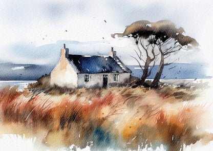 Watercolor painting of a house with a tree in a field