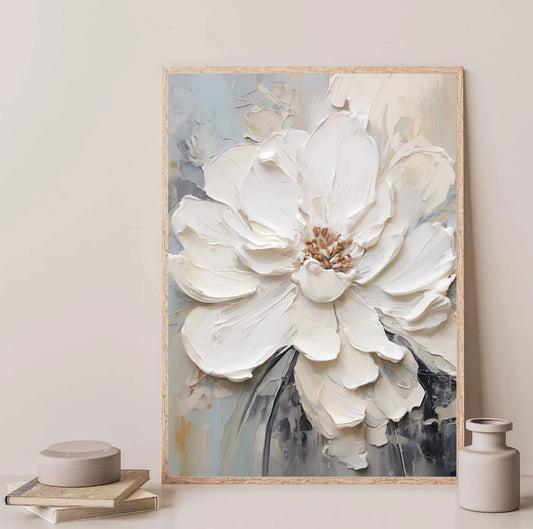Framed artwork of a large white flower on a neutral background Canvas & Curio
