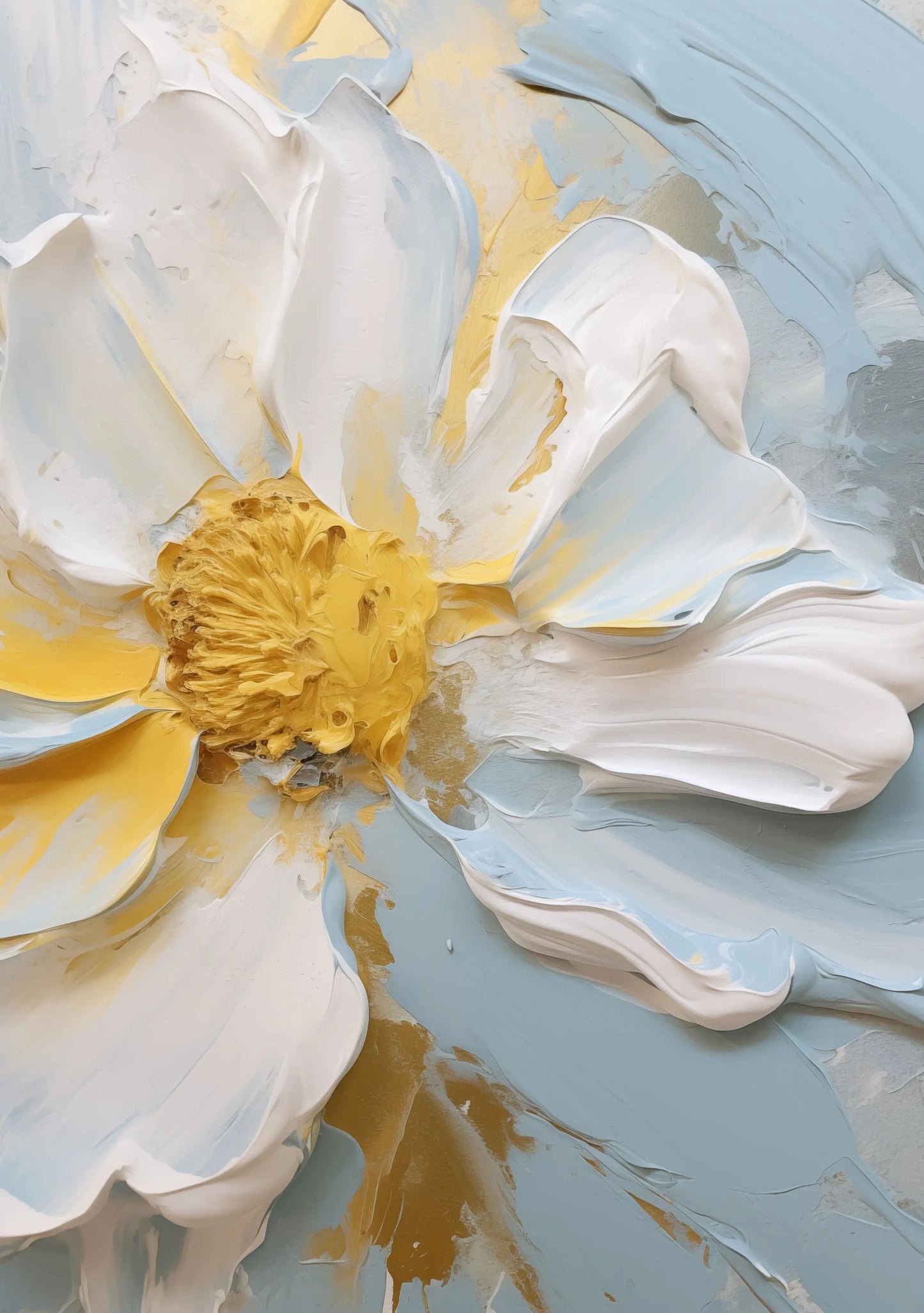 Artistic depiction of a white flower with a yellow center on a gray background