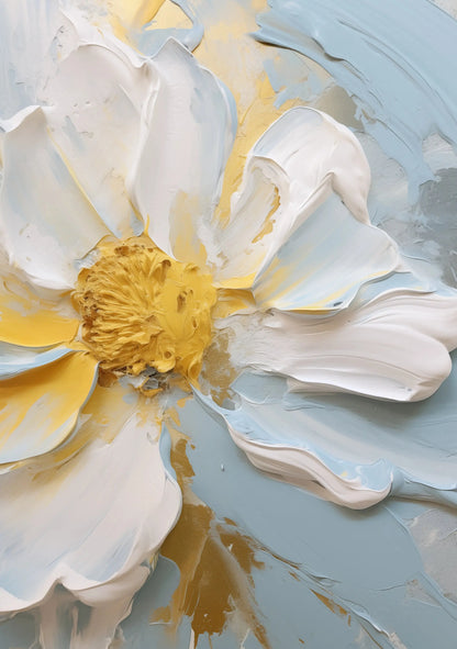 Artistic depiction of a white flower with a yellow center on a gray background