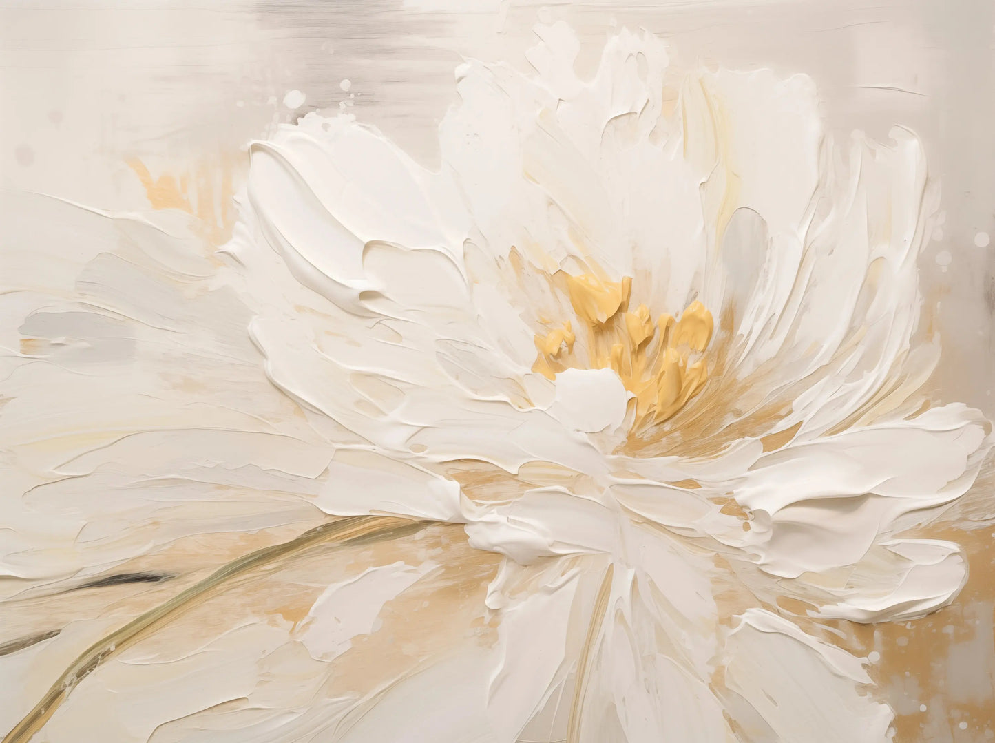 Abstract painting of a white flower with gold center on a beige background