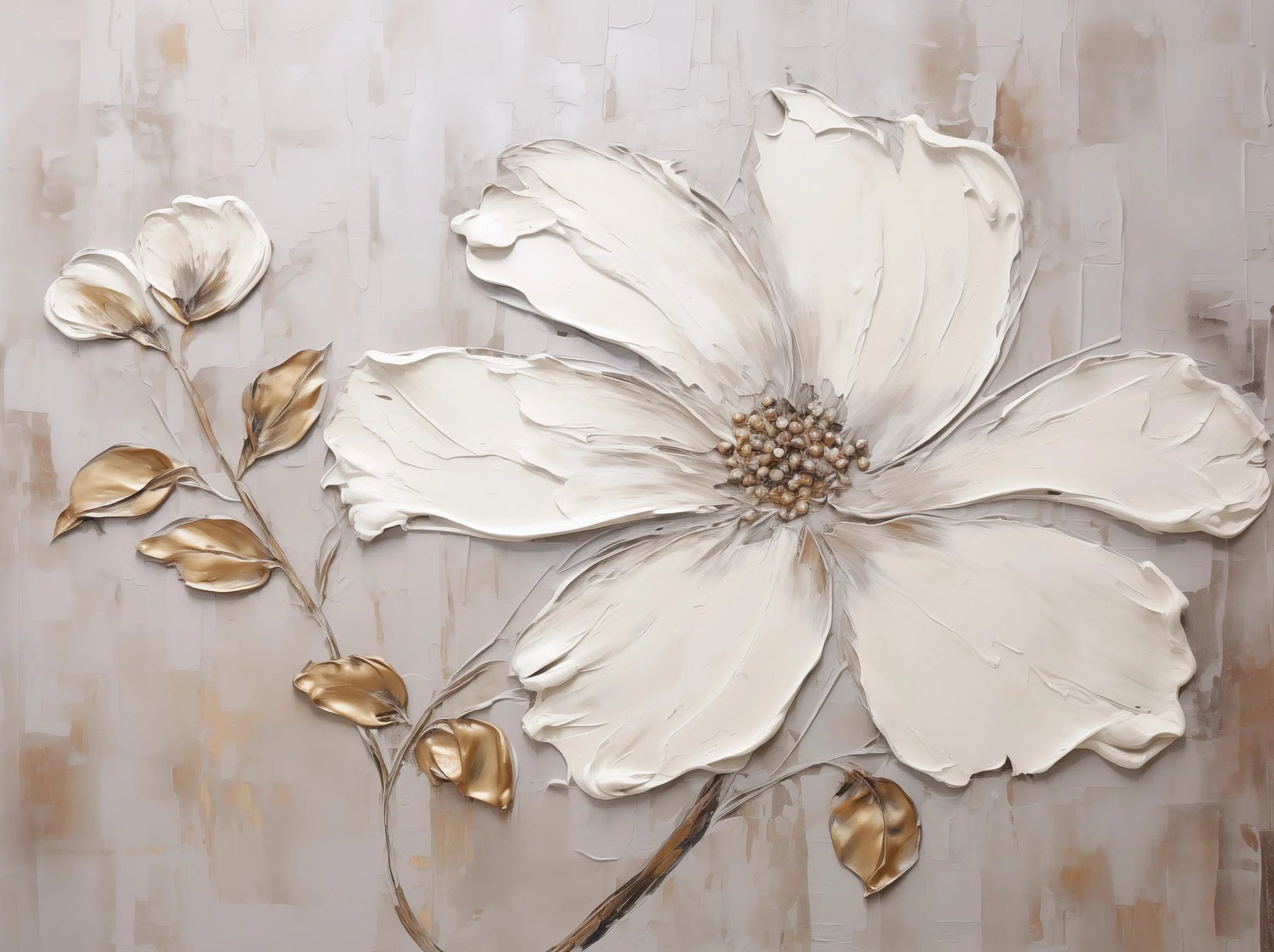 Decorative wall art with a large white flower and gold leaves on a textured beige background
