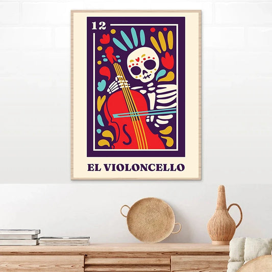 Framed artwork of a skeleton playing a violin with colorful abstract designs on a white wall. Canvas & Curio