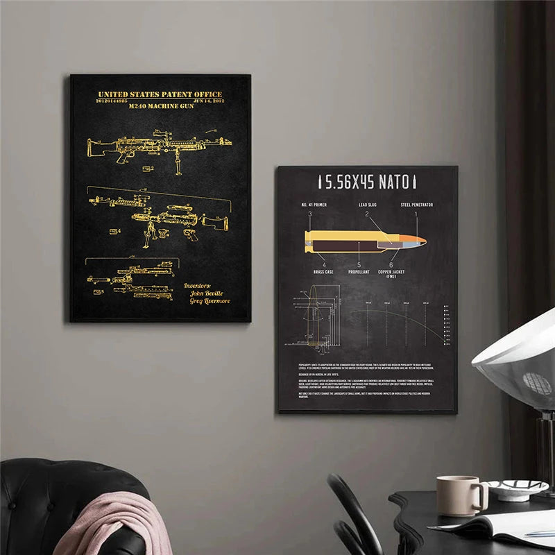 Two framed posters on a wall with technical drawings of firearms and ammunition.