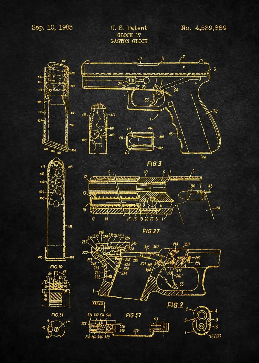 Patent illustration of a gun design on a dark background
