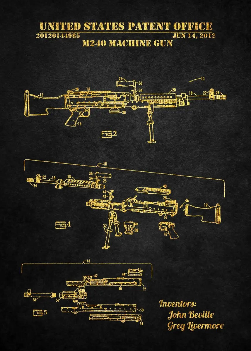 Patent drawing of a machine gun with text and numbers on a dark background