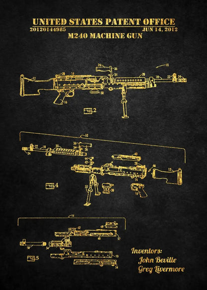 Patent drawing of a machine gun with text and numbers on a dark background