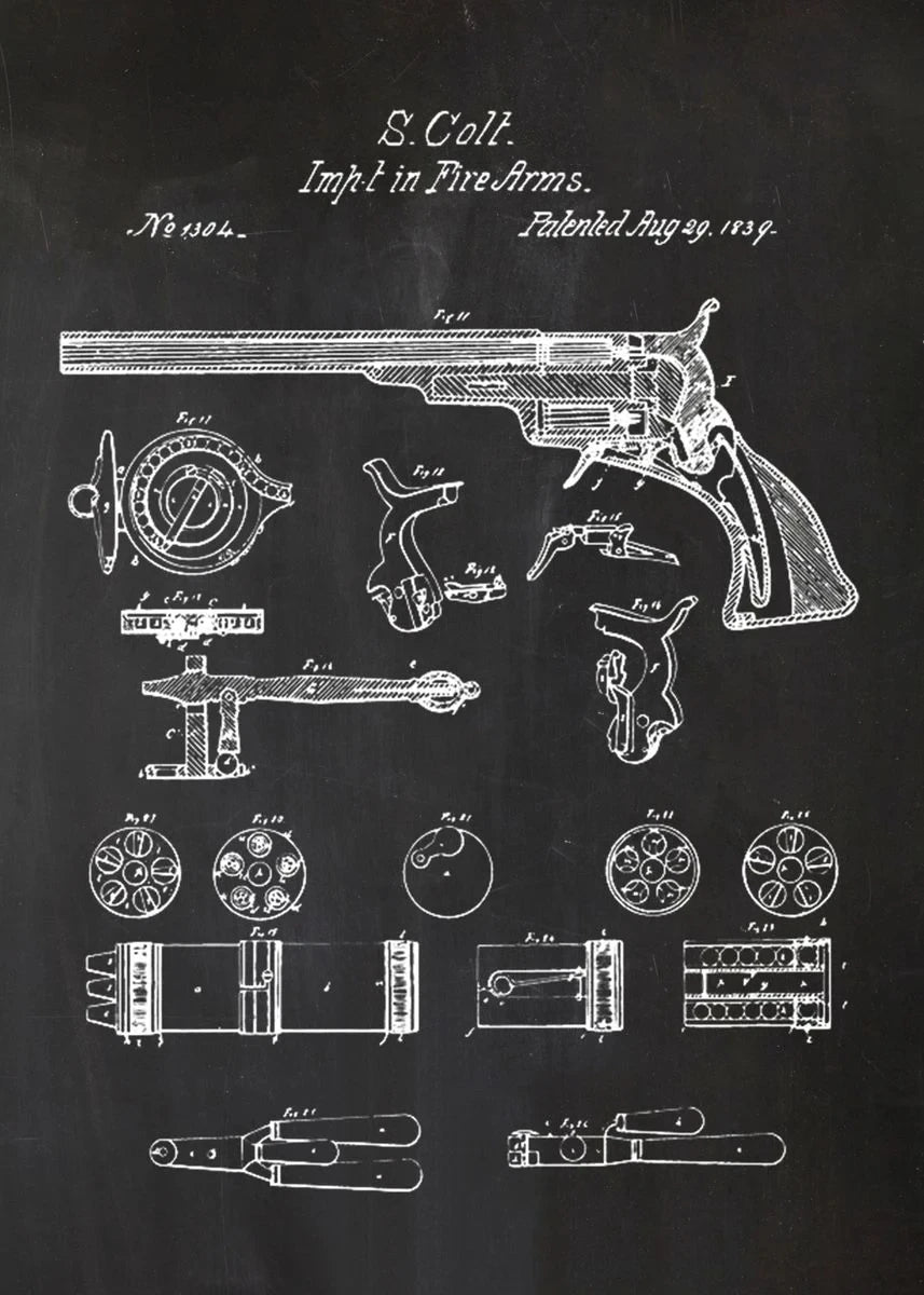 Black and white patent diagram of a revolver on a black background
