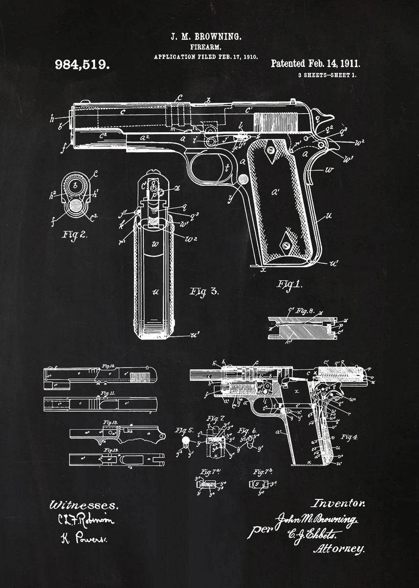 Black and white patent diagram of a firearm on a black background
