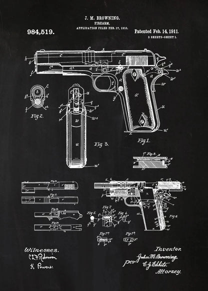 Black and white patent diagram of a firearm on a black background