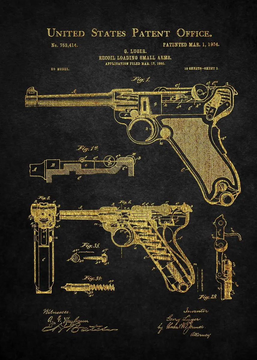 Patent illustration of a revolver on a dark background
