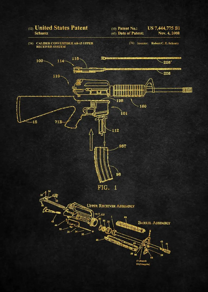 Patent illustration of a firearm on a dark background