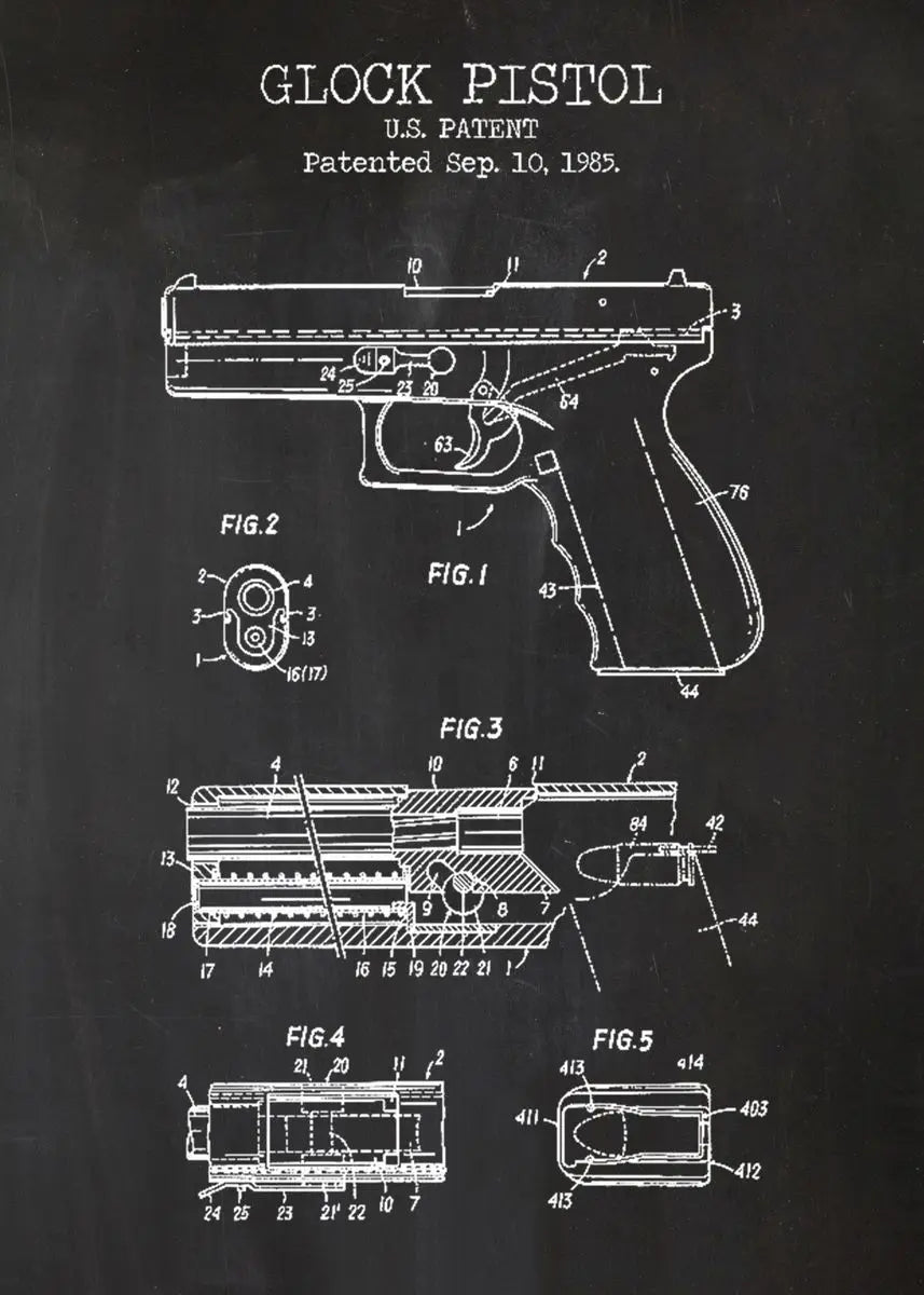 Patent illustration of a Glock pistol on a black background