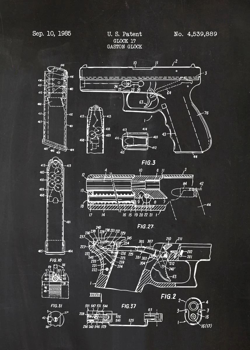 Patent diagram of a gun on a black background