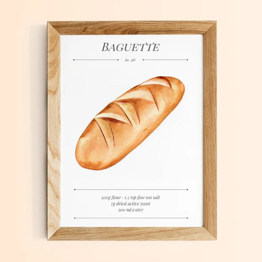 Framed artwork of a baguette on a beige background Canvas & Curio