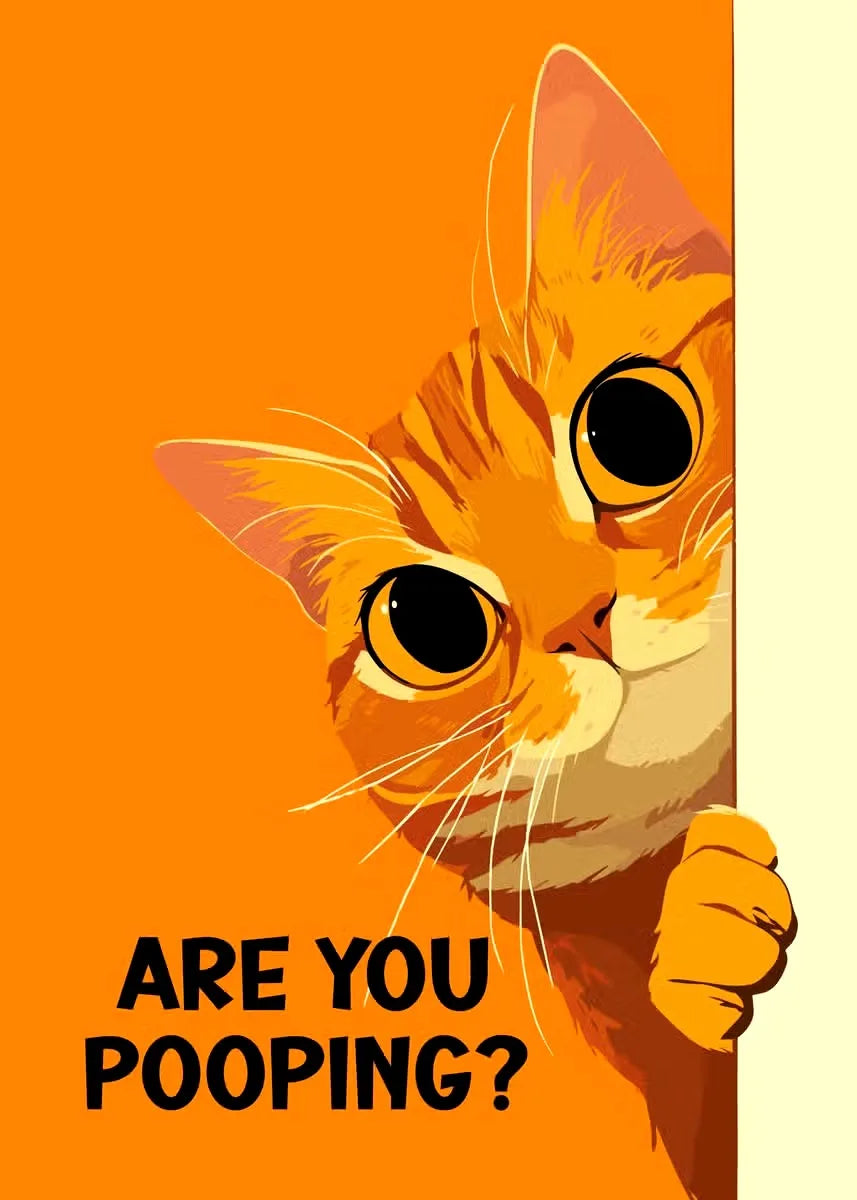 Cat peeking over a corner with text 'Are you pooping?' on an orange background