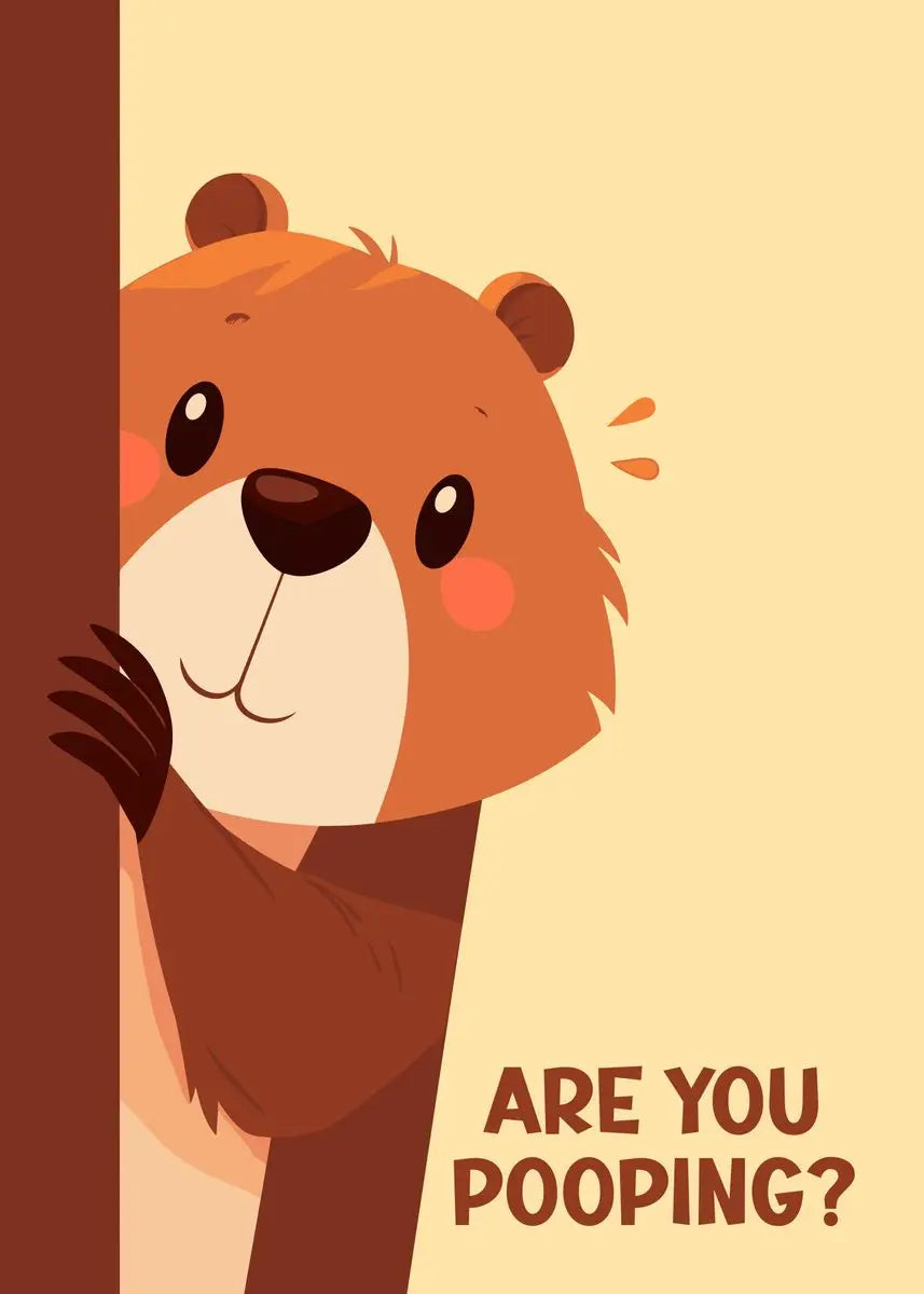 Cartoon beaver peeking from behind a brown border with text 'ARE YOU POOPING?' on a beige background