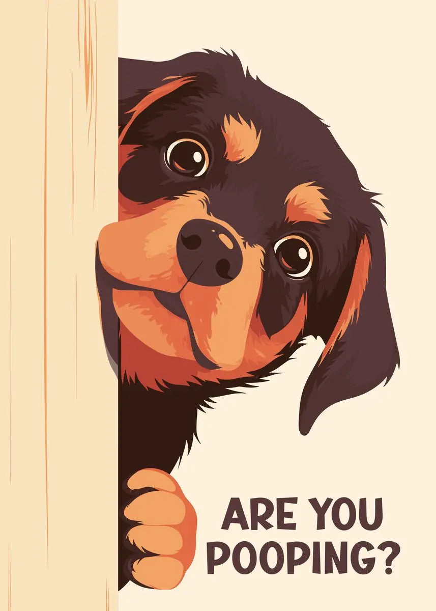 Illustration of a dog peeking over a border with text 'Are you pooping?' on a beige background