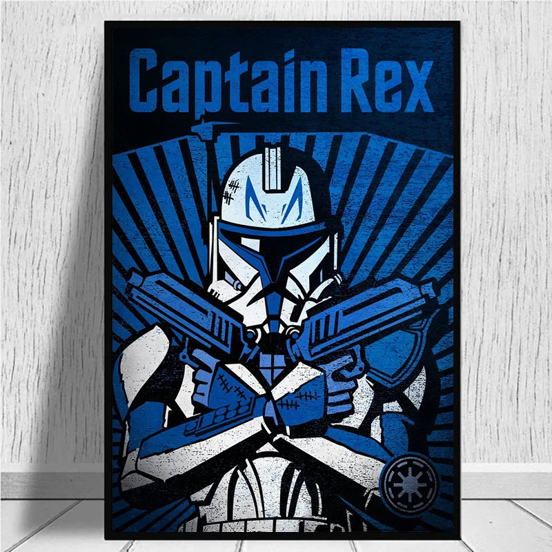 Poster of Captain Rex with blue and black design on a white wall.