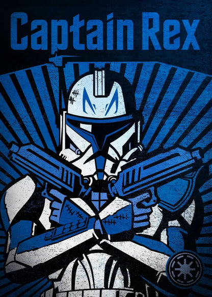 Character in a helmet with crossed guns on a blue and gray background, labeled 'Captain Rex'.