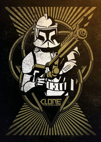 Illustration of a clone trooper holding a rifle on a dark background