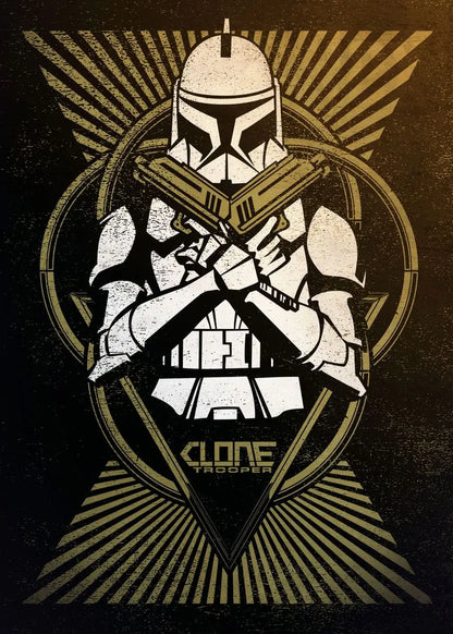 Design of a clone trooper with a starburst pattern on a dark background