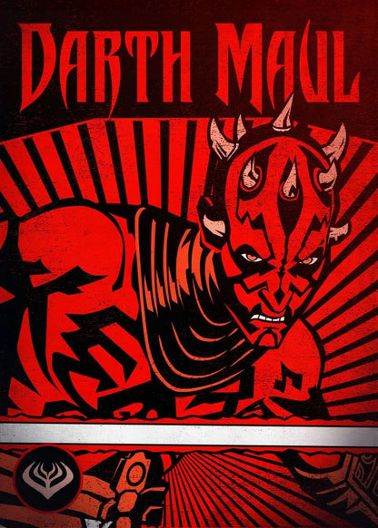 Stylized illustration of Darth Maul with red and black colors on a dark background