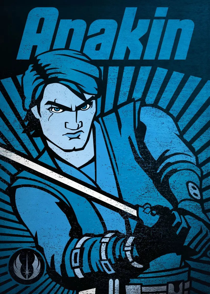 Character in blue costume holding a sword with 'Anakin' text above
