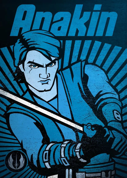 Character in blue costume holding a sword with 'Anakin' text above