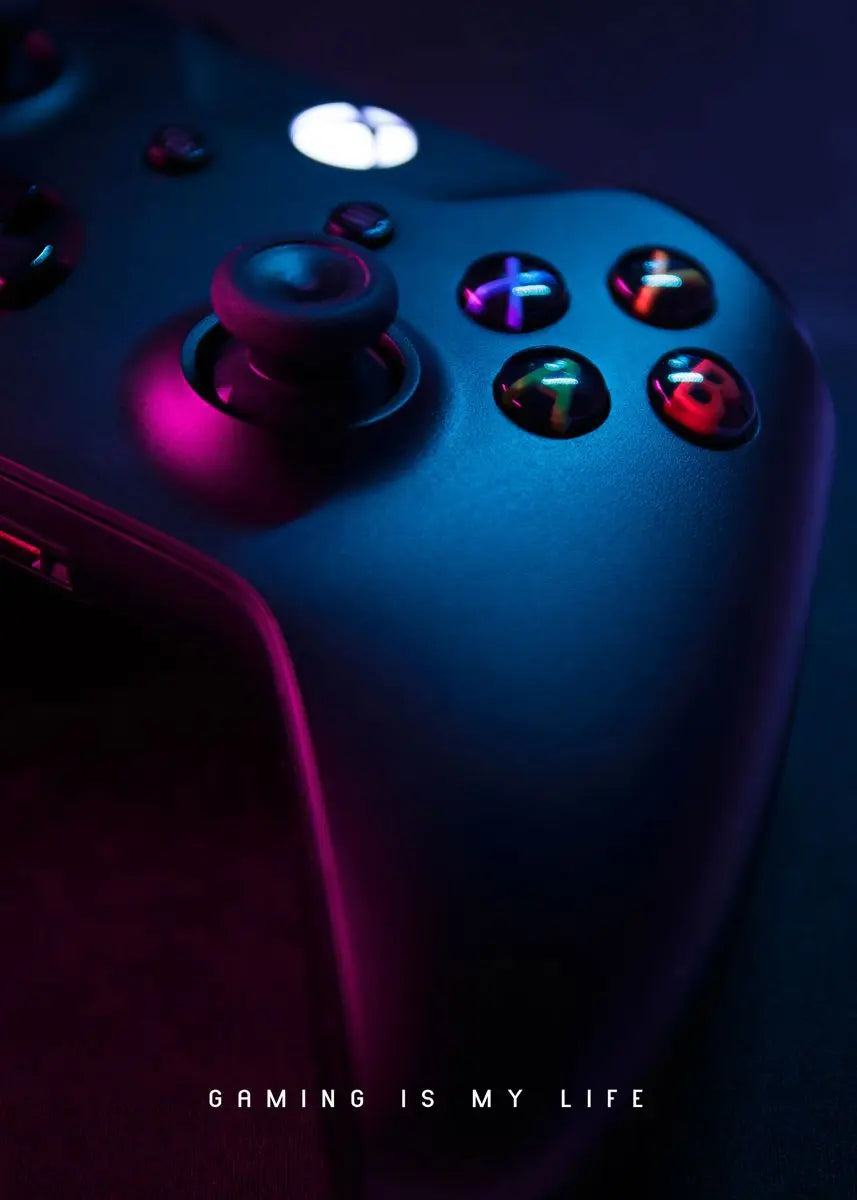 Gaming controller with colorful lighting on a dark background, featuring the text 'Gaming is my life'.
