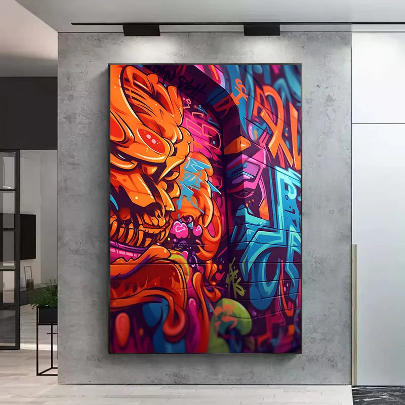 Colorful abstract art piece on a wall in a modern interior setting