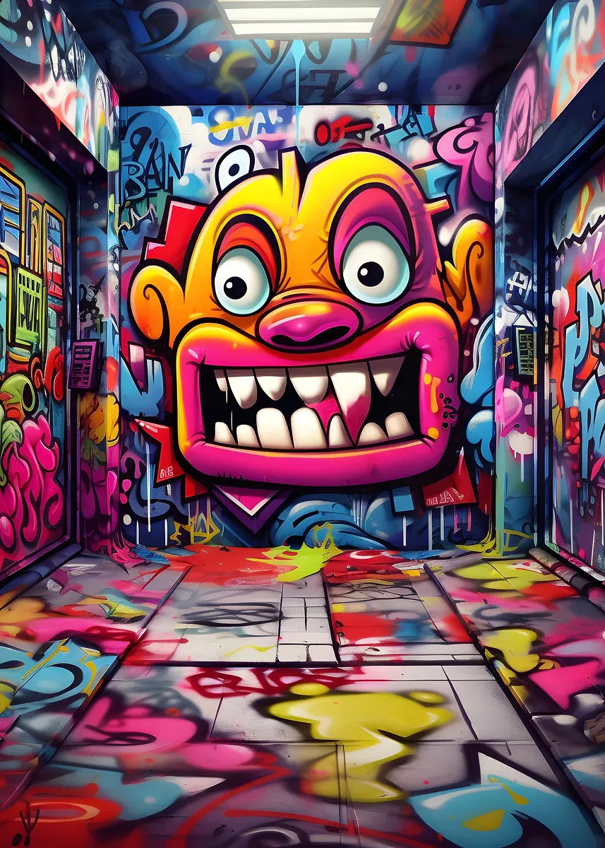 Colorful graffiti art of a monster face on a wall in an alleyway.